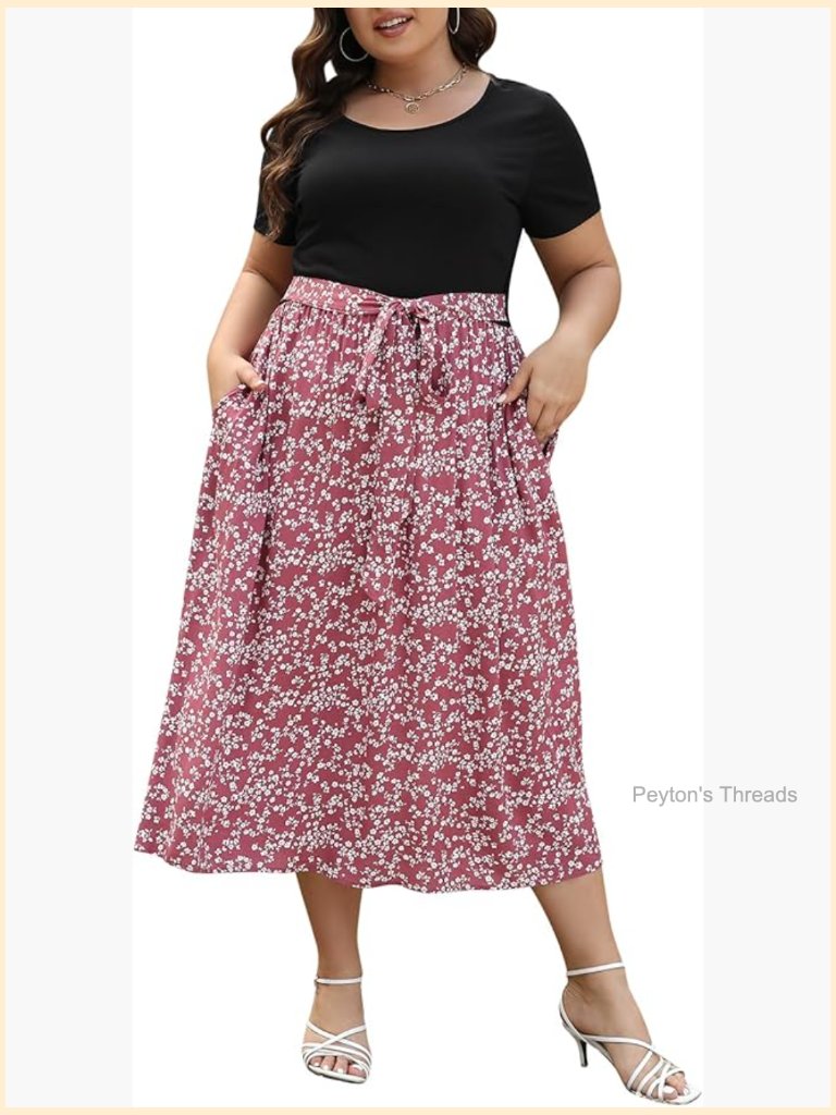 Plus Size Flared Long Dress With Pockets - Boho Print